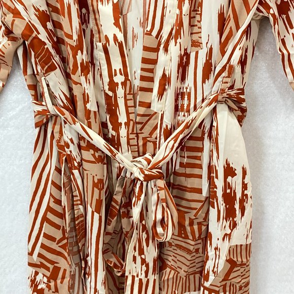 J. Brooks Boutique Robe Kimono Full Length Rust & Cream Tie Belt Split Sides - Picture 14 of 14